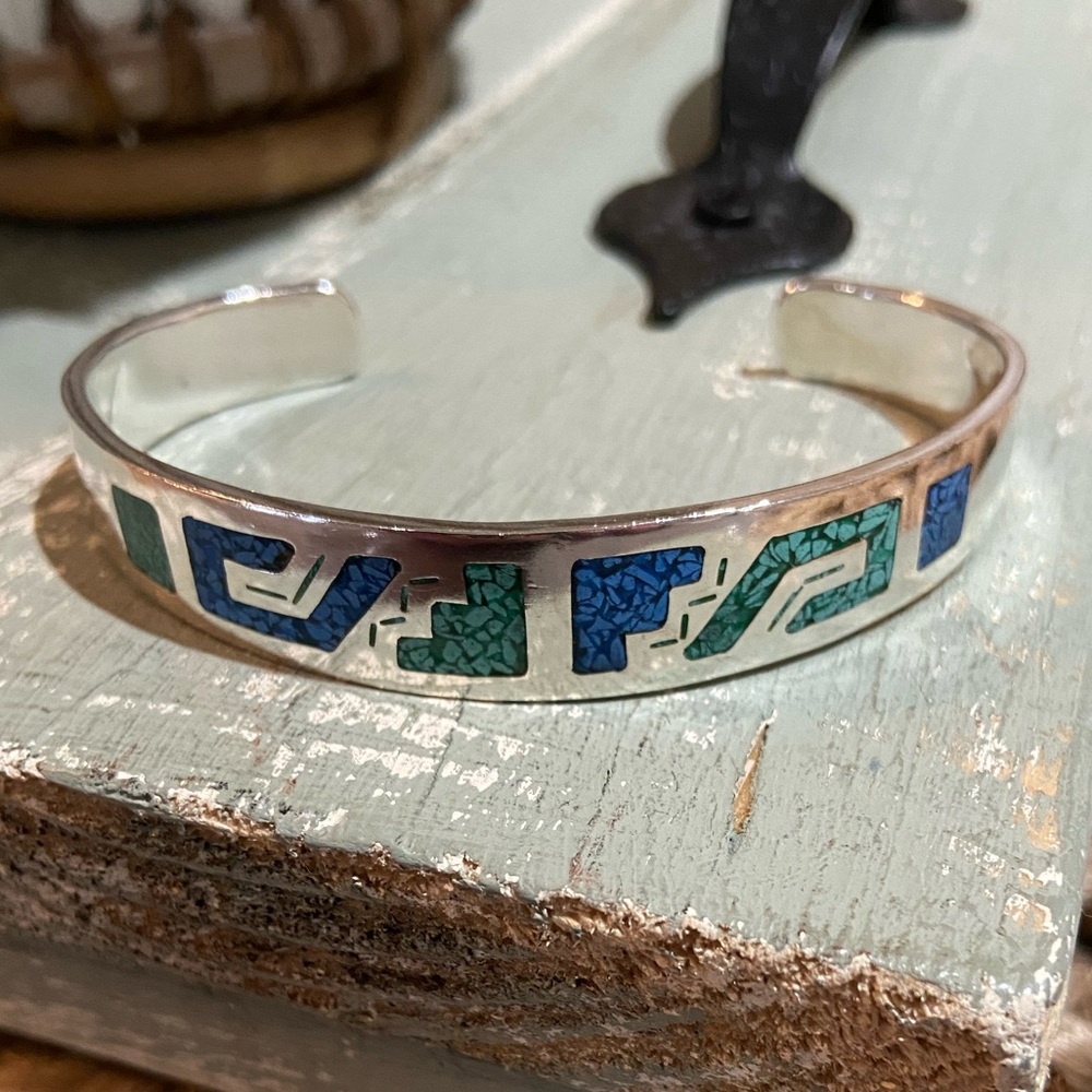Sterling Taxco Cuff Bracelet with Blue and Green Turquoise Inlay